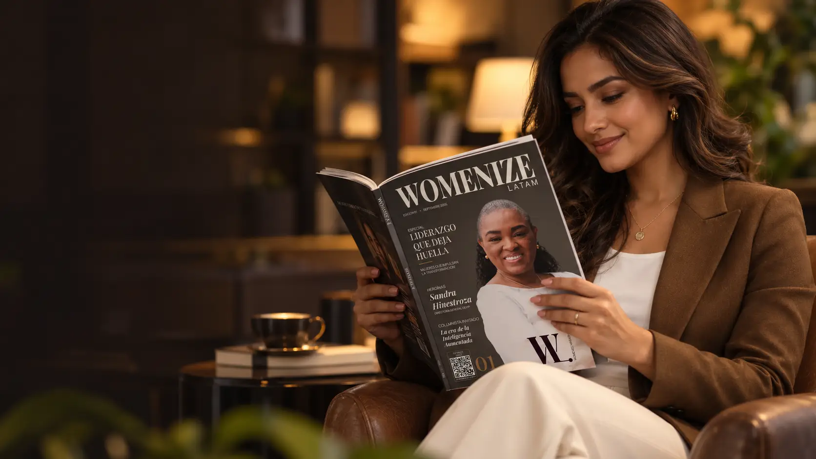 Mujer leyendo una publicación de Womenize LATAM